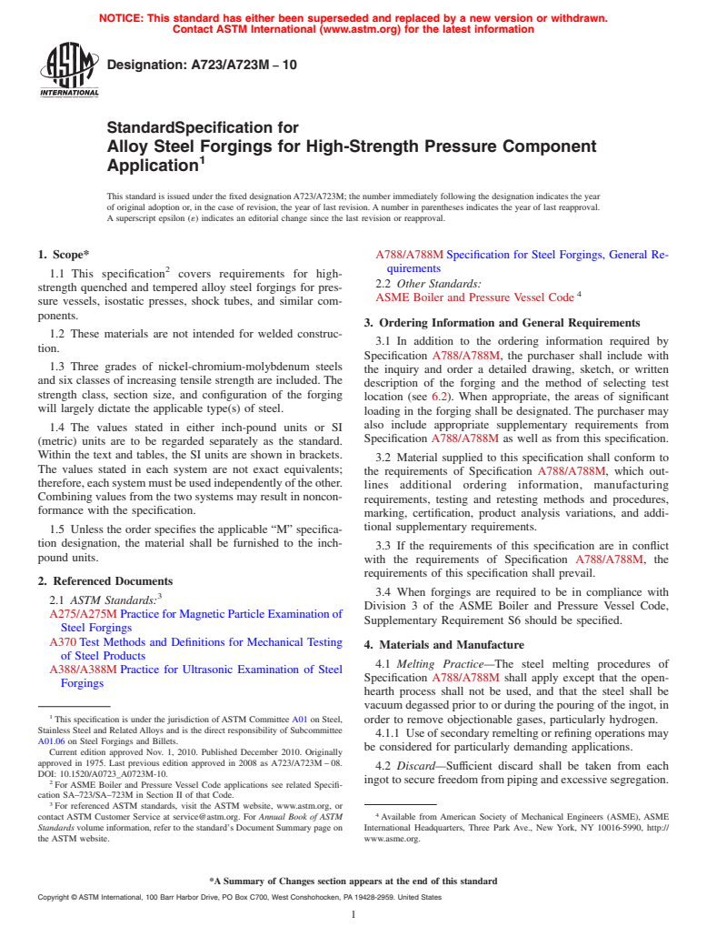 ASTM A723/A723M-10 - Standard Specification for  Alloy Steel Forgings for High-Strength Pressure Component Application