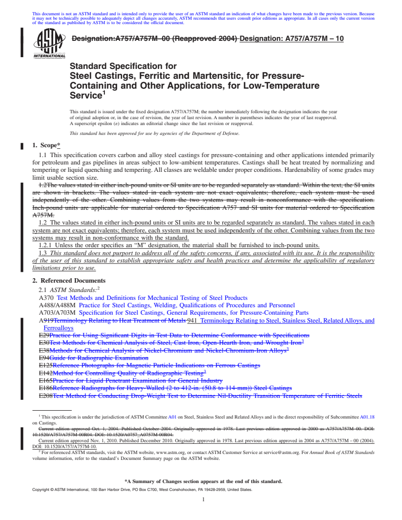 REDLINE ASTM A757/A757M-10 - Standard Specification for Steel Castings, Ferritic and Martensitic, for Pressure-Containing and Other Applications, for Low-Temperature Service