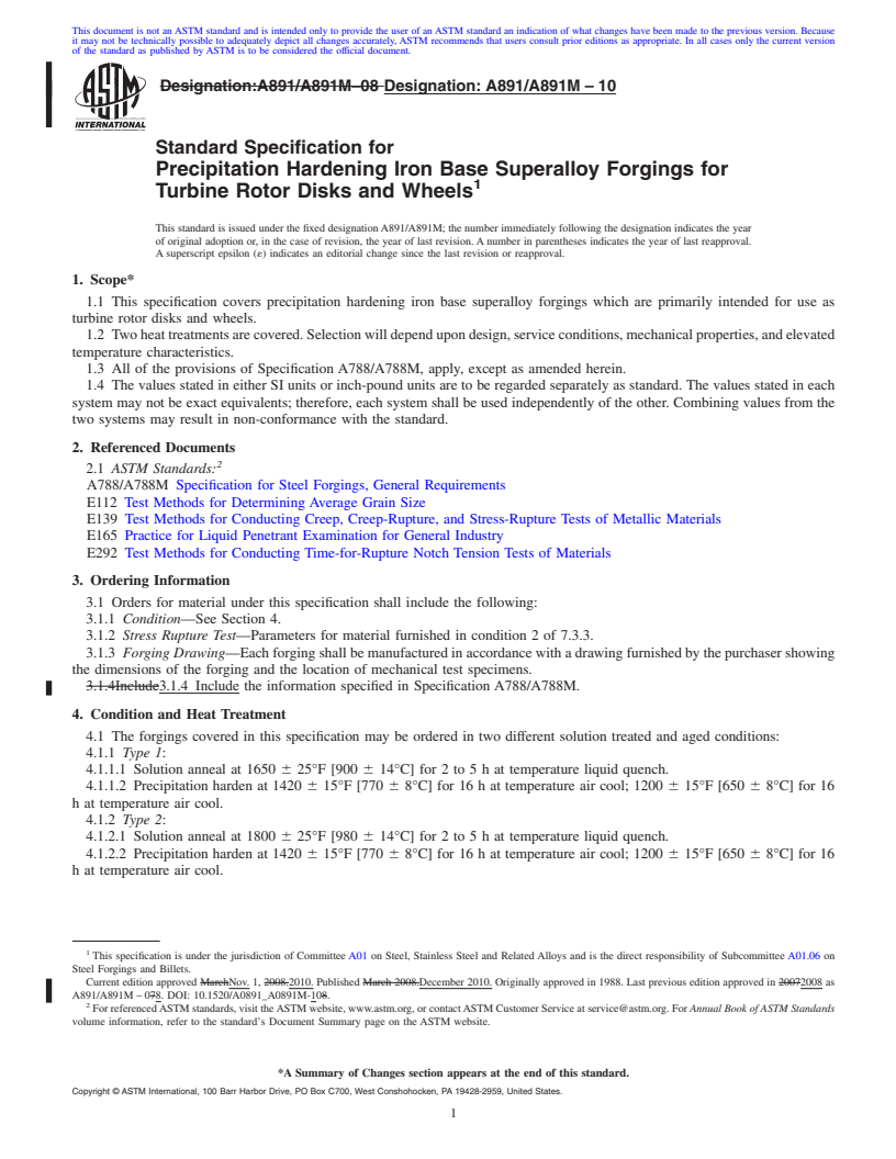 REDLINE ASTM A891/A891M-10 - Standard Specification for Precipitation Hardening Iron Base Superalloy Forgings for Turbine Rotor Disks and Wheels