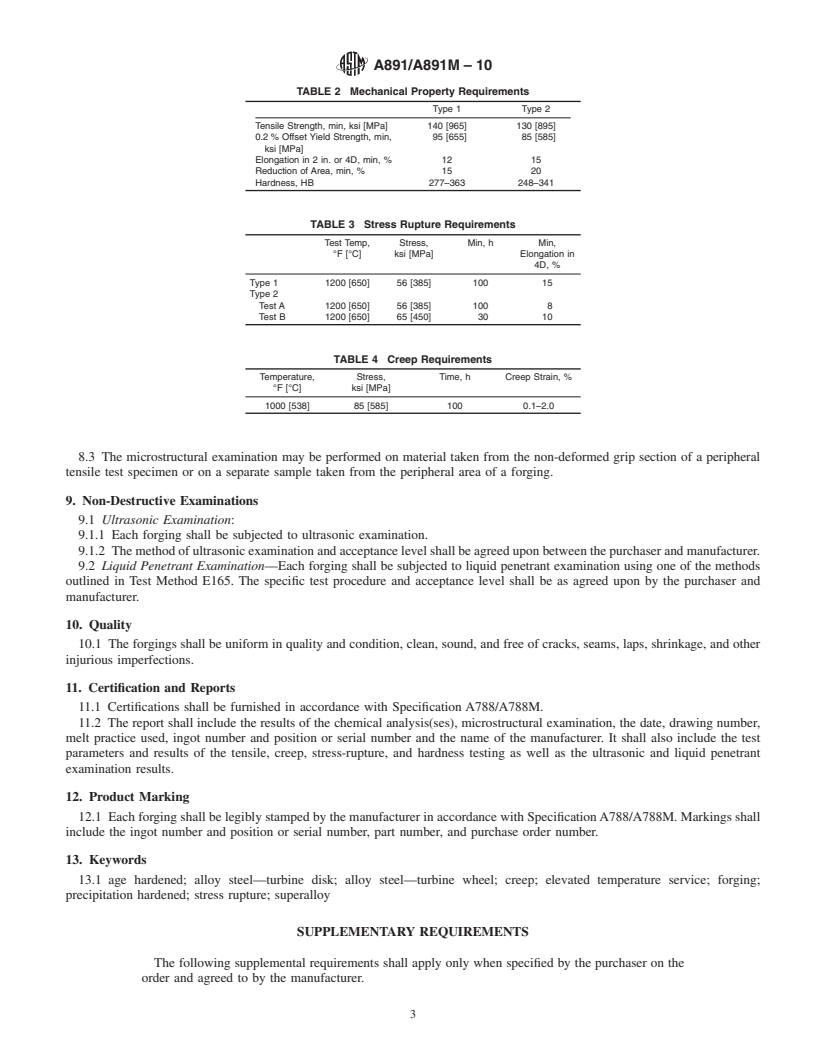 REDLINE ASTM A891/A891M-10 - Standard Specification for Precipitation Hardening Iron Base Superalloy Forgings for Turbine Rotor Disks and Wheels