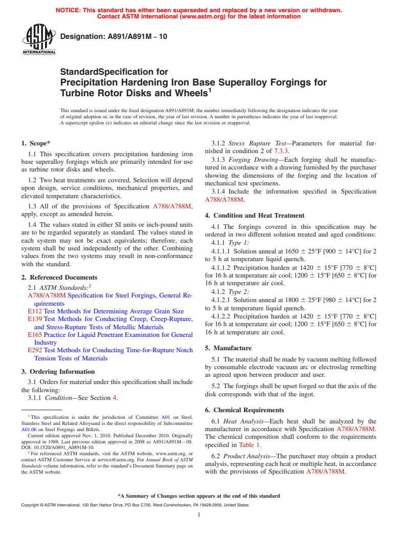 ASTM A891/A891M-10 - Standard Specification for Precipitation Hardening Iron Base Superalloy Forgings for Turbine Rotor Disks and Wheels