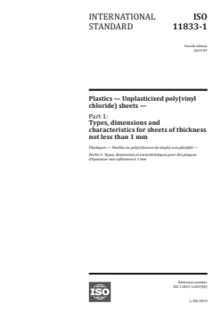 ISO 11833-1:2019 - Plastics — Unplasticized poly(vinyl chloride) sheets — Part 1: Types, dimensions and characteristics for sheets of thickness not less than 1 mm
Released:7/12/2019 - Page 1 preview