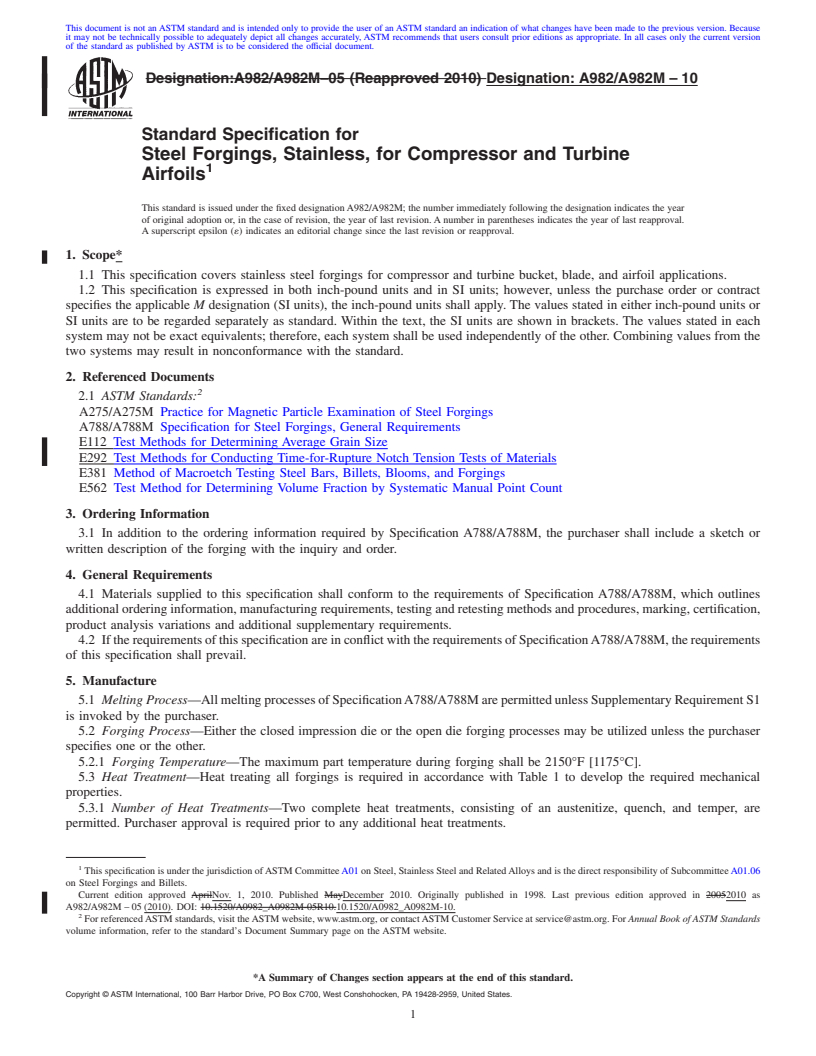 REDLINE ASTM A982/A982M-10 - Standard Specification for Steel Forgings, Stainless, for Compressor and Turbine Airfoils