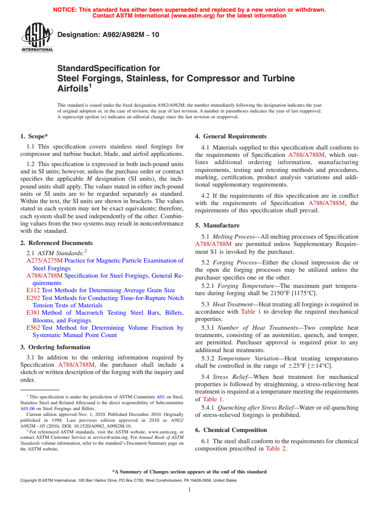 ASTM A982/A982M-10 - Standard Specification for Steel Forgings, Stainless, for Compressor and Turbine Airfoils