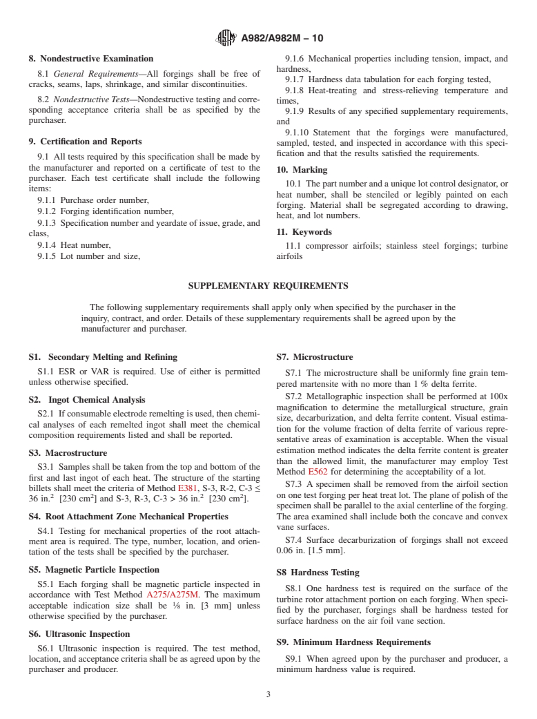 ASTM A982/A982M-10 - Standard Specification for Steel Forgings, Stainless, for Compressor and Turbine Airfoils