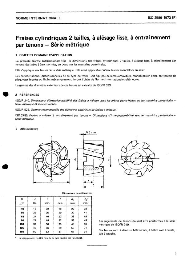 ISO 2586:1973 - Shell end mills with plain bore and tenon drive -- Metric series