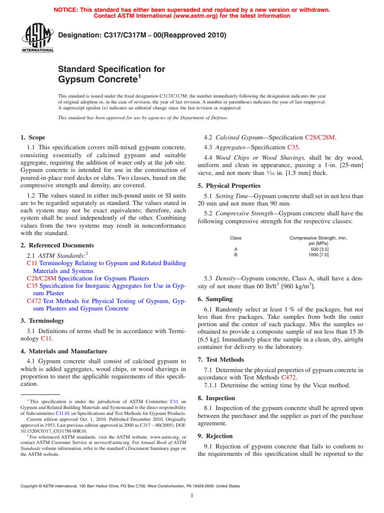 ASTM C317/C317M-00(2010) - Standard Specification for Gypsum Concrete