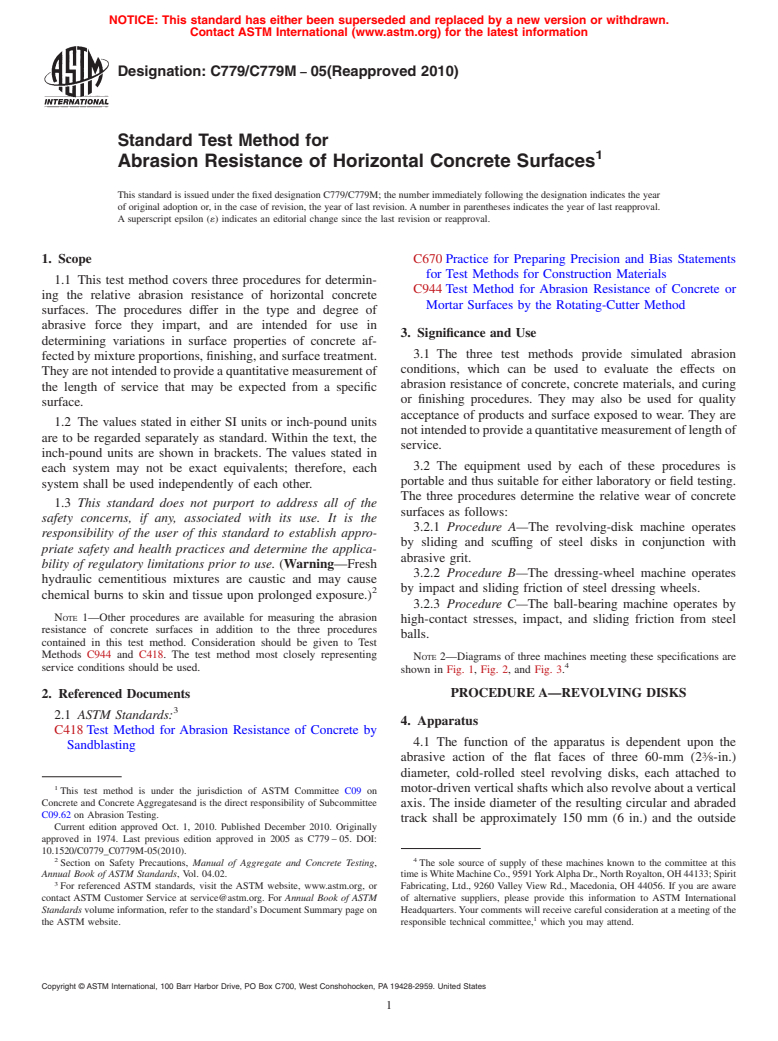 ASTM C779/C779M-05(2010) - Standard Test Method for Abrasion Resistance of Horizontal Concrete Surfaces