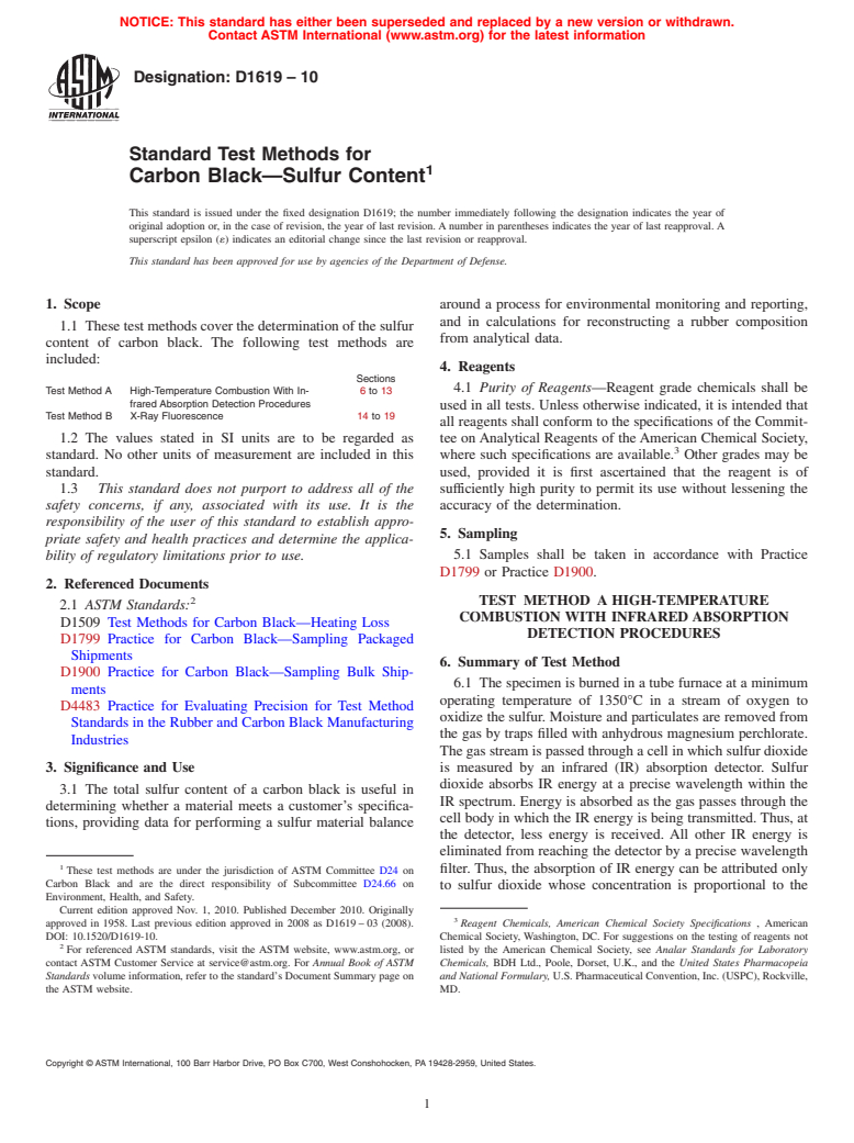 ASTM D1619-10 - Standard Test Methods for  Carbon Black<span class='unicode'>&#x2014;</span>Sulfur Content