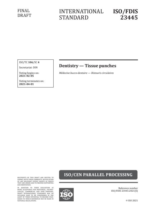 ISO/FDIS 23445:Version 30-jan-2021 - Dentistry -- Tissue punches