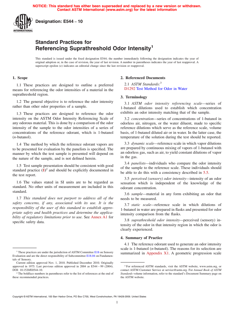 ASTM E544-10 - Standard Practices for Referencing Suprathreshold Odor Intensity