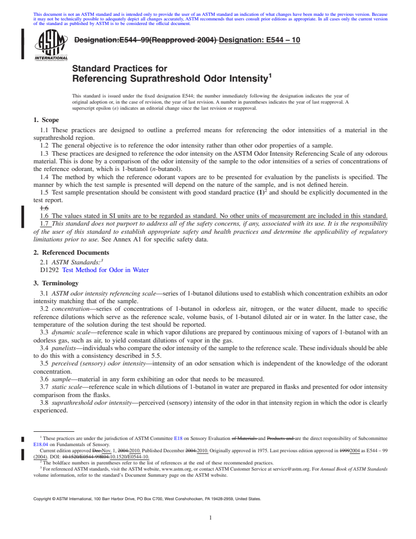 REDLINE ASTM E544-10 - Standard Practices for Referencing Suprathreshold Odor Intensity