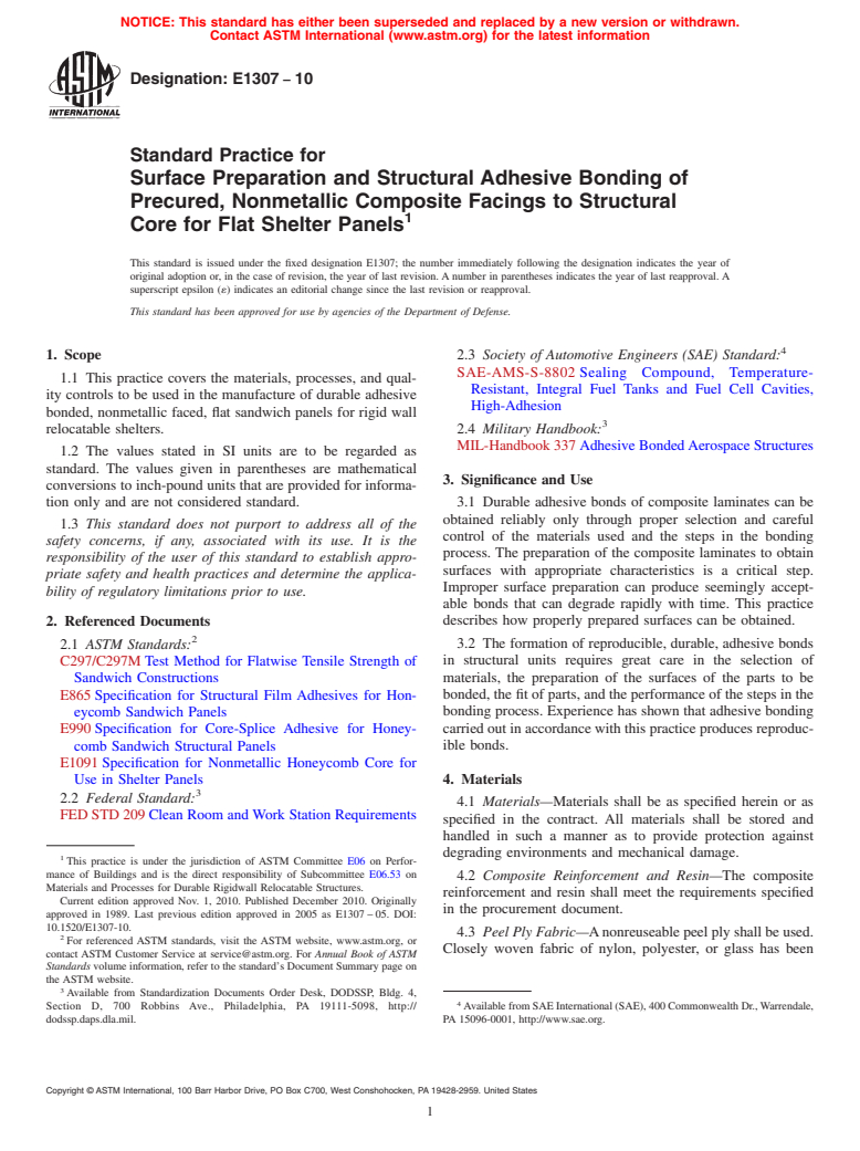 ASTM E1307-10 - Standard Practice for Surface Preparation and Structural Adhesive Bonding of Precured, Nonmetallic Composite Facings to Structural Core for Flat Shelter Panels