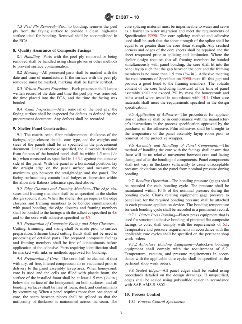ASTM E1307-10 - Standard Practice for Surface Preparation and Structural Adhesive Bonding of Precured, Nonmetallic Composite Facings to Structural Core for Flat Shelter Panels