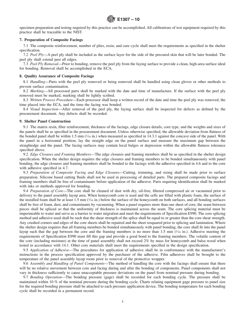 REDLINE ASTM E1307-10 - Standard Practice for Surface Preparation and Structural Adhesive Bonding of Precured, Nonmetallic Composite Facings to Structural Core for Flat Shelter Panels