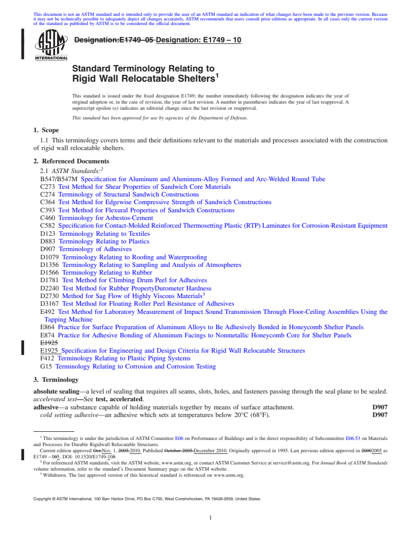 REDLINE ASTM E1749-10 - Standard Terminology Relating to Rigid Wall Relocatable Shelters