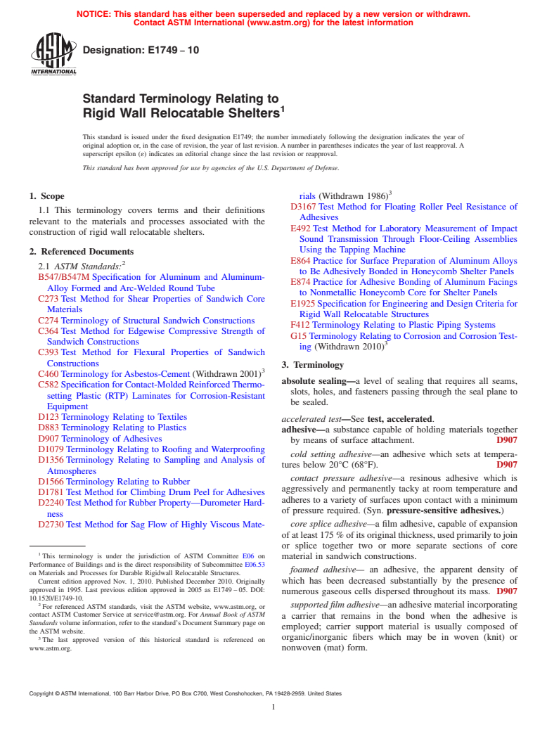 ASTM E1749-10 - Standard Terminology Relating to Rigid Wall Relocatable Shelters