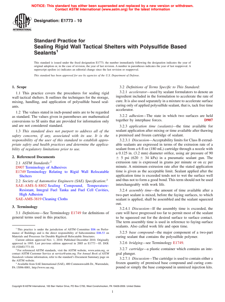 ASTM E1773-10 - Standard Practice for Sealing Rigid Wall Tactical Shelters with Polysulfide Based Sealants