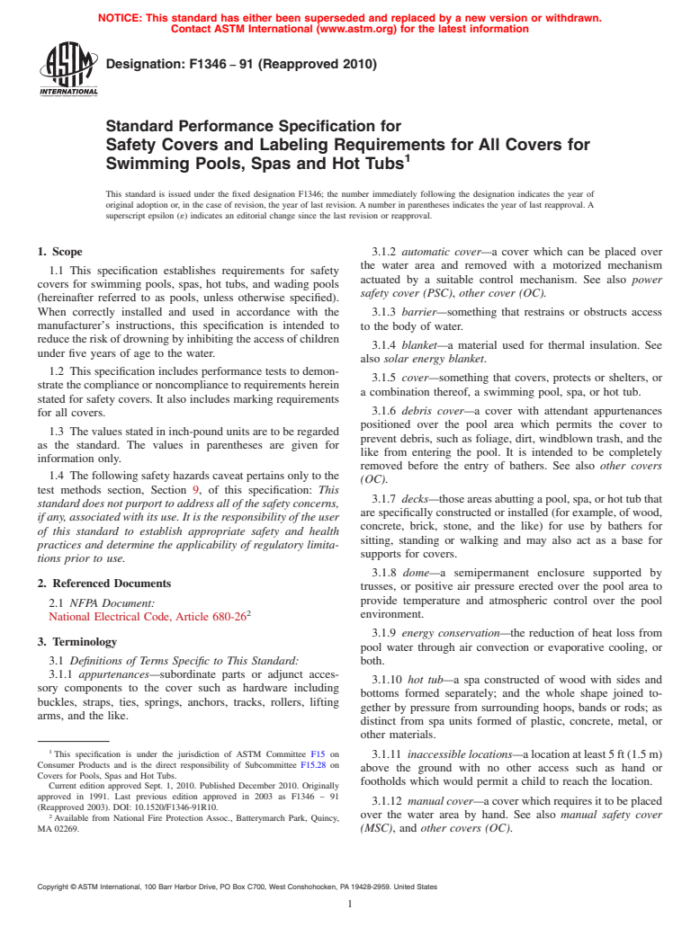 ASTM F1346-91(2010) - Standard Performance Specification for Safety Covers and Labeling Requirements for All Covers for Swimming Pools, Spas and Hot Tubs