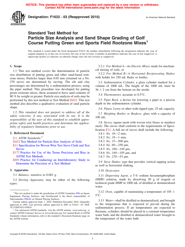 ASTM F1632-03(2010) - Standard Test Method for Particle Size Analysis and Sand Shape Grading of Golf Course Putting Green and Sports Field Rootzone Mixes