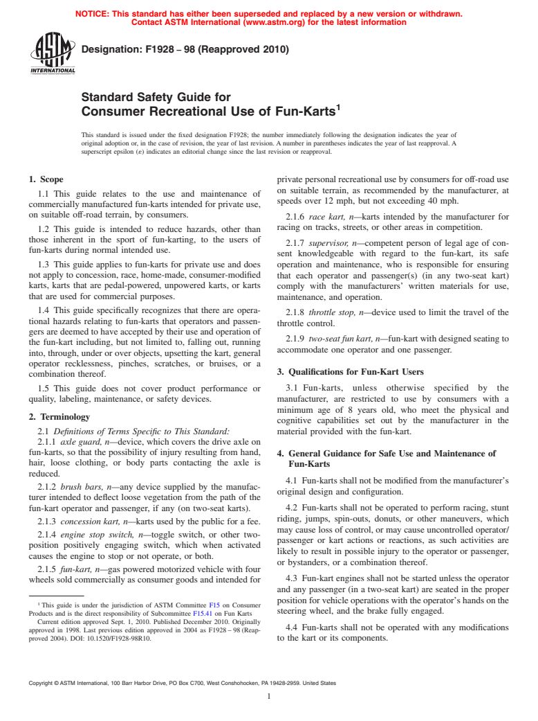 ASTM F1928-98(2010) - Standard Safety Guide for Consumer Recreational Use of Fun-Karts