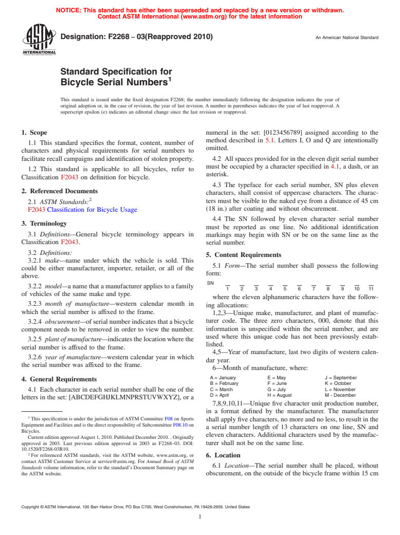 ASTM F2268-03(2010) - Standard Specification for Bicycle Serial Numbers