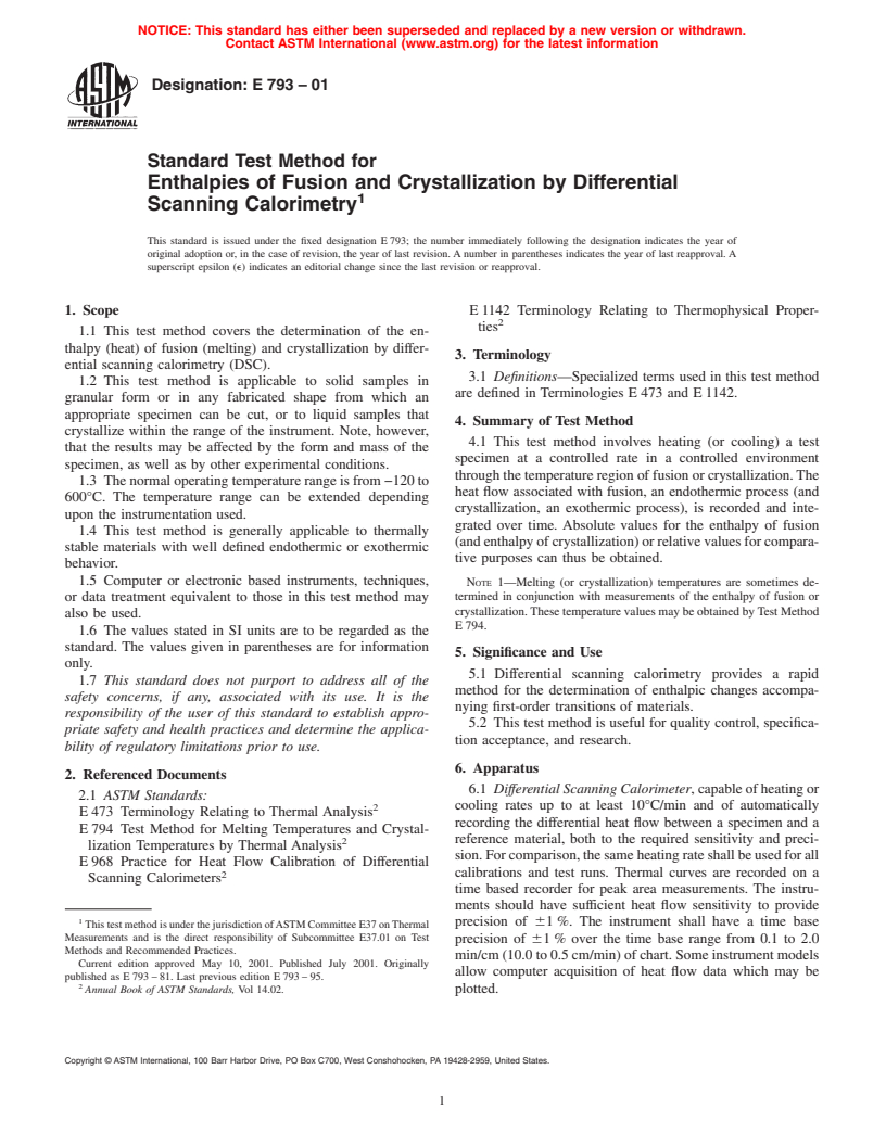 ASTM E793-01 - Standard Test Method for Enthalpies of Fusion and Crystallization by Differential Scanning Calorimetry