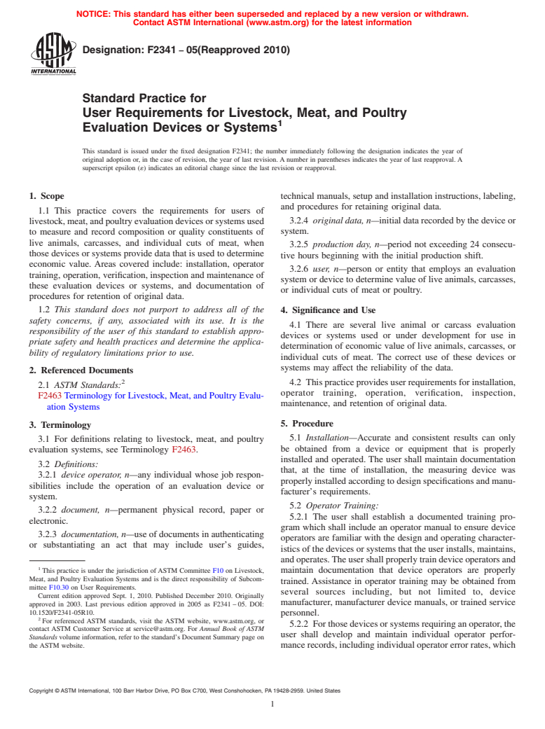 ASTM F2341-05(2010) - Standard Practice for User Requirements for Livestock, Meat, and Poultry Evaluation Devices or Systems