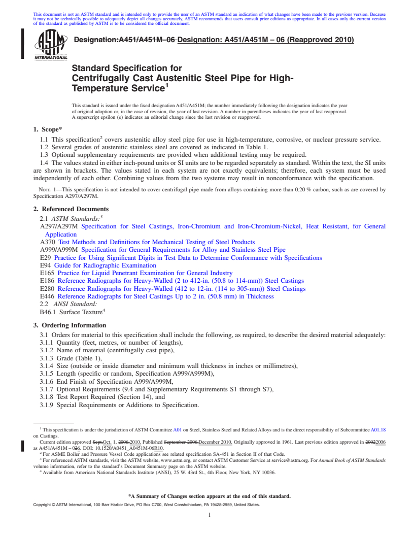 REDLINE ASTM A451/A451M-06(2010) - Standard Specification for Centrifugally Cast Austenitic Steel Pipe for High-Temperature Service