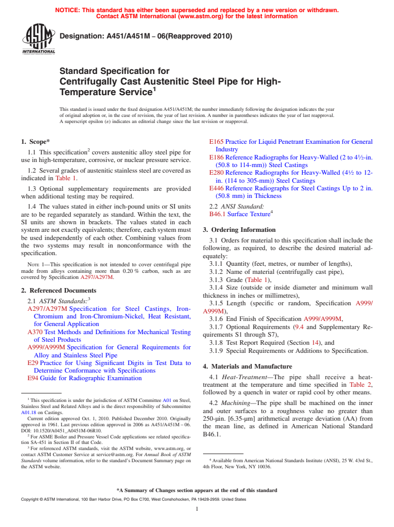 ASTM A451/A451M-06(2010) - Standard Specification for Centrifugally Cast Austenitic Steel Pipe for High-Temperature Service