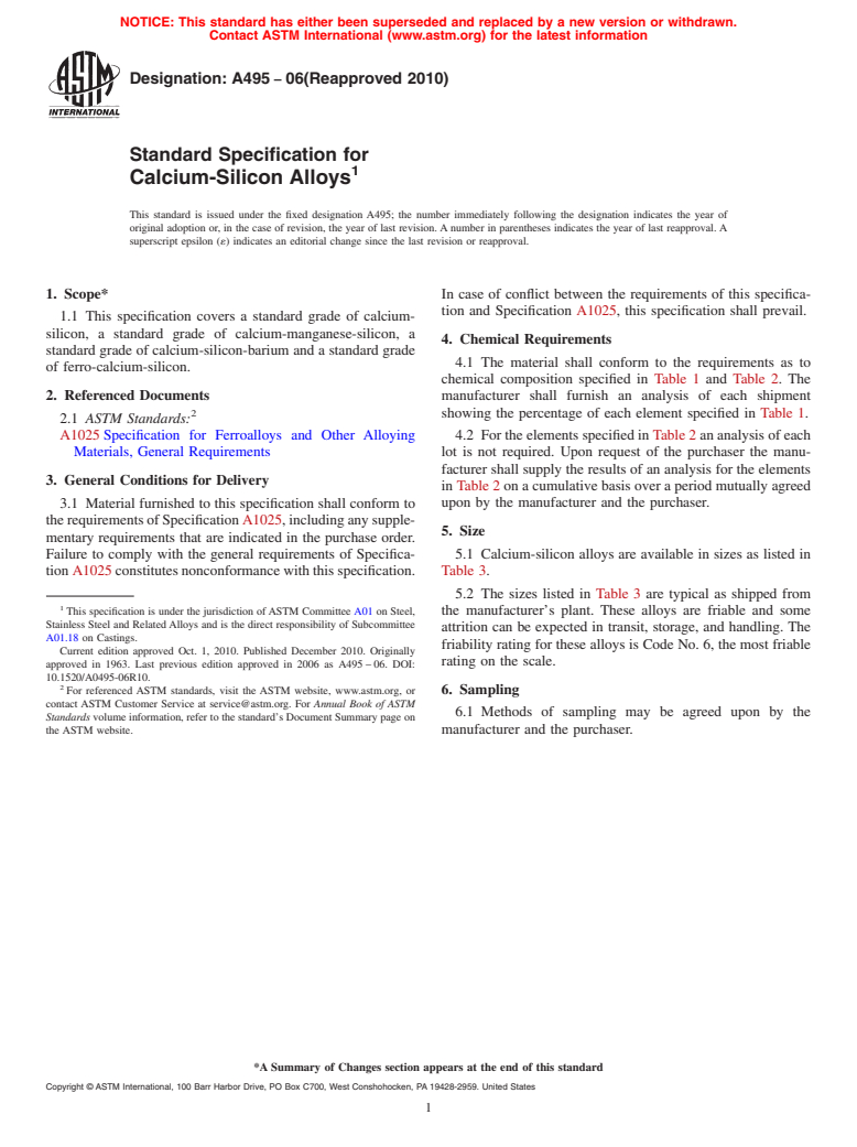 ASTM A495-06(2010) - Standard Specification for Calcium-Silicon Alloys