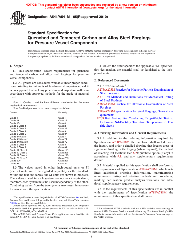 ASTM A541/A541M-05(2010) - Standard Specification for Quenched and Tempered Carbon and Alloy Steel Forgings for Pressure Vessel Components