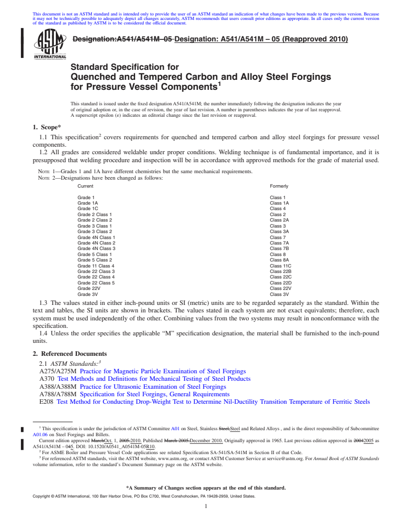 REDLINE ASTM A541/A541M-05(2010) - Standard Specification for Quenched and Tempered Carbon and Alloy Steel Forgings for Pressure Vessel Components