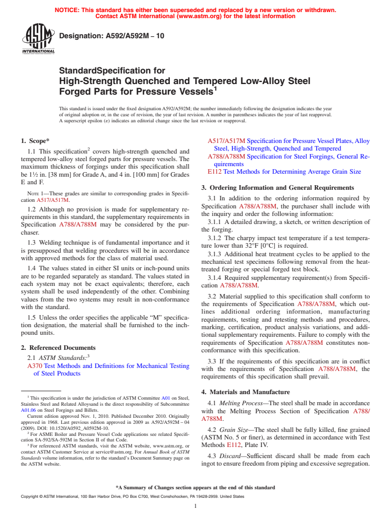 ASTM A592/A592M-10 - Standard Specification for High-Strength Quenched and Tempered Low-Alloy Steel Forged Parts for Pressure Vessels