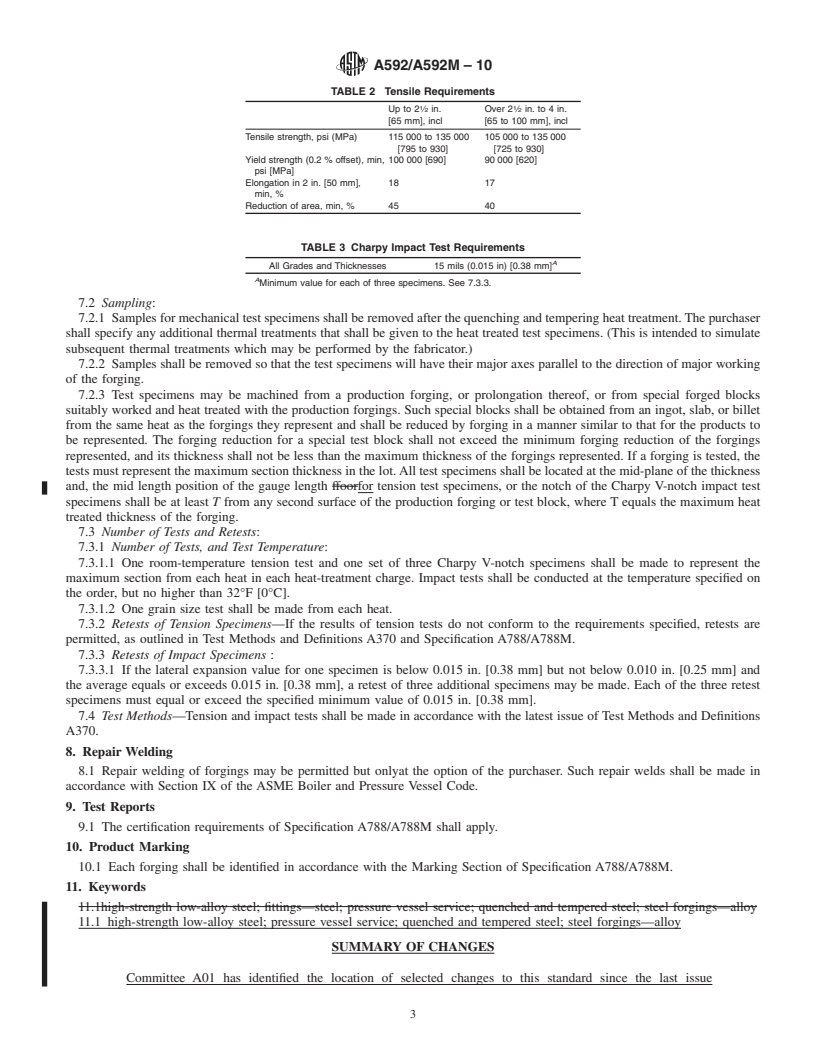 REDLINE ASTM A592/A592M-10 - Standard Specification for High-Strength Quenched and Tempered Low-Alloy Steel Forged Parts for Pressure Vessels