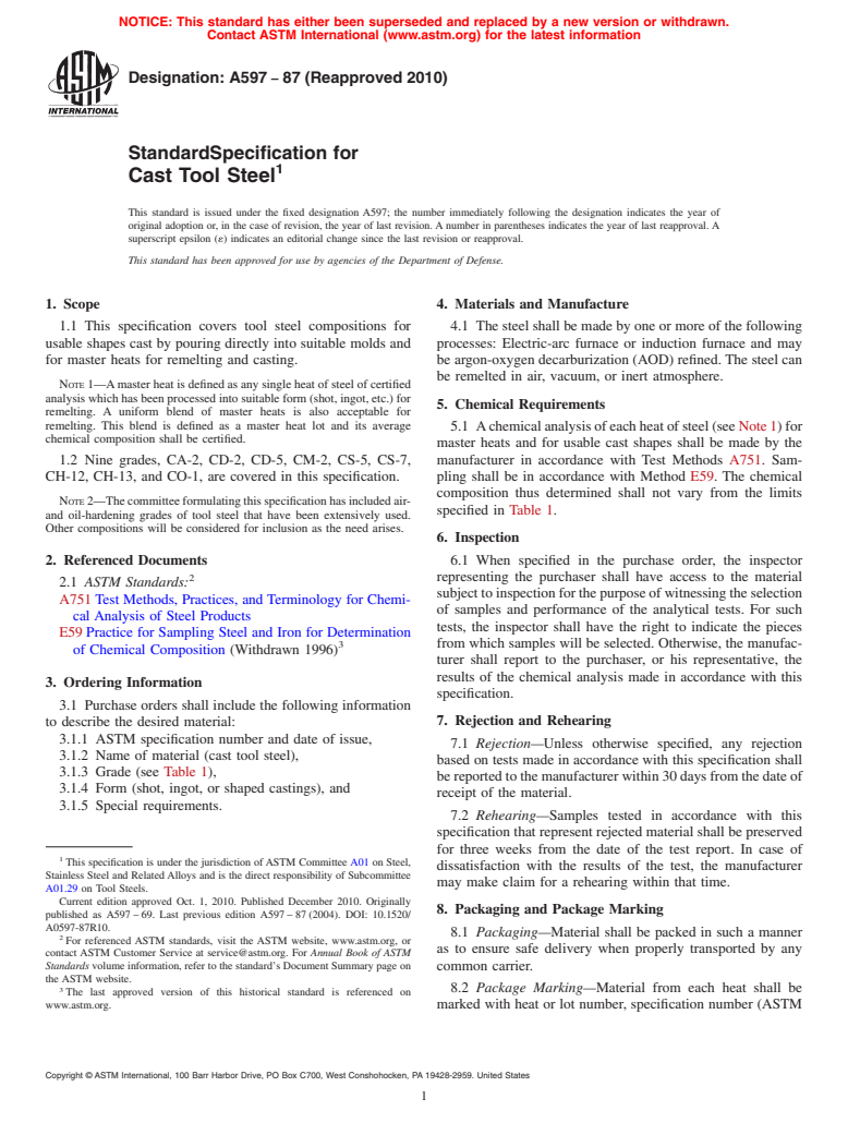 ASTM A597-87(2010) - Standard Specification for Cast Tool Steel