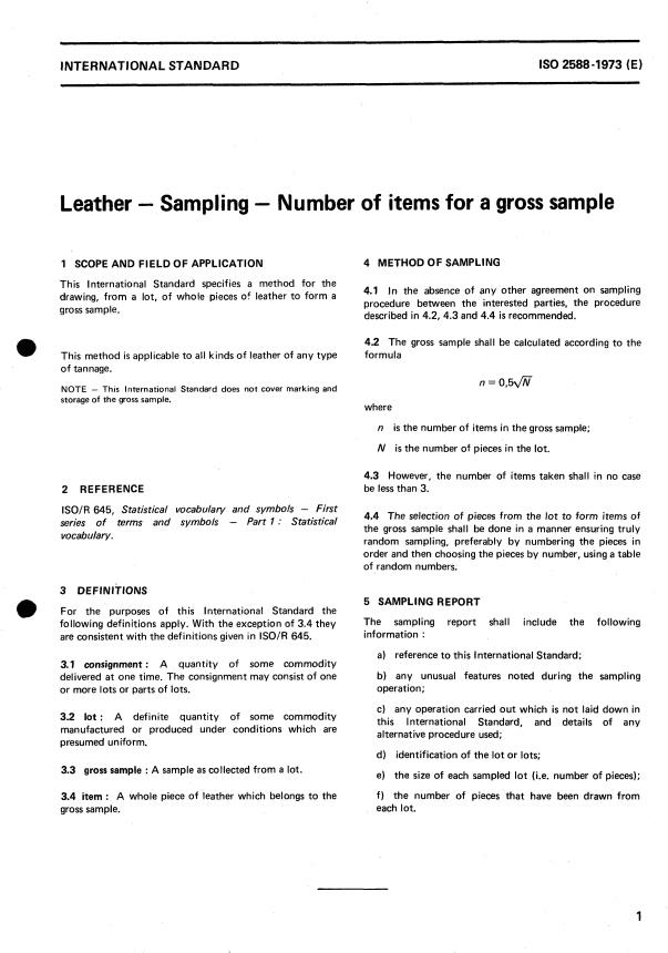 ISO 2588:1973 - Leather -- Sampling -- Number of items for a gross sample