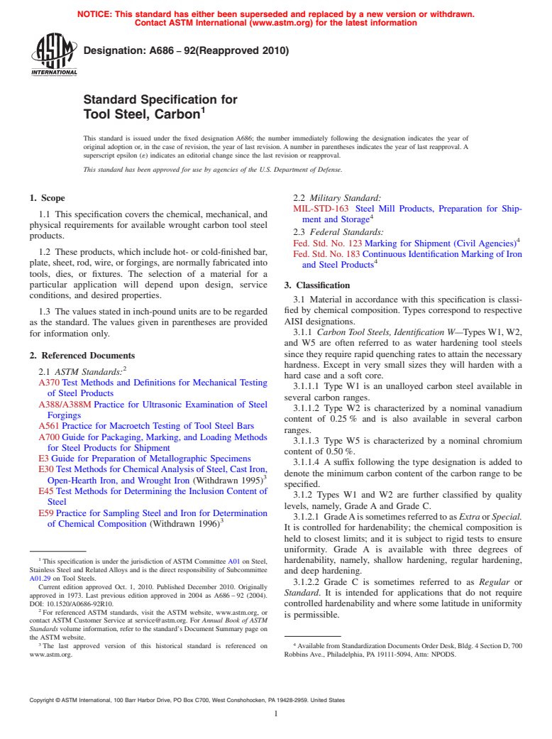 ASTM A686-92(2010) - Standard Specification for Tool Steel, Carbon