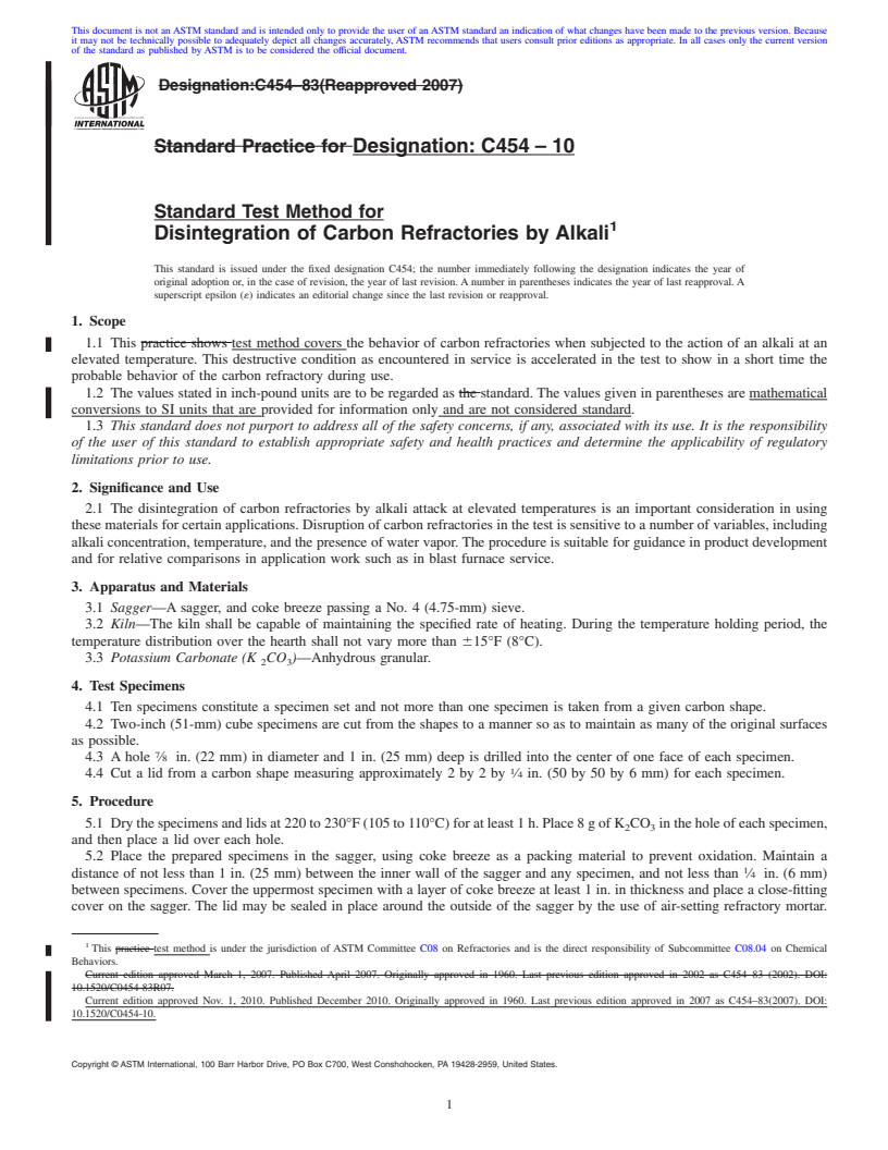 REDLINE ASTM C454-10 - Standard Test Method for  Disintegration of Carbon Refractories by Alkali