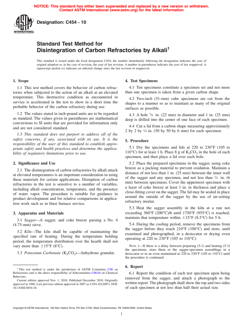 ASTM C454-10 - Standard Test Method for  Disintegration of Carbon Refractories by Alkali