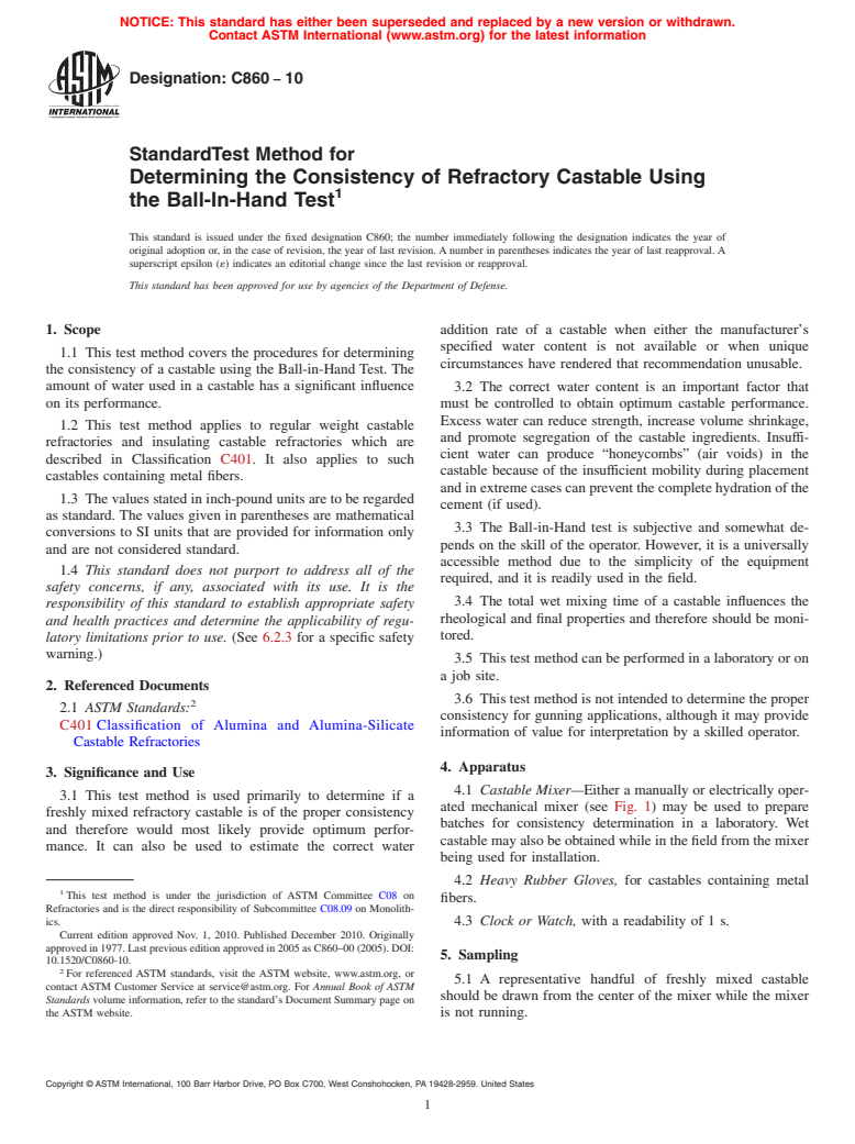ASTM C860-10 - Standard Test Method for Determining the Consistency of Refractory Castable Using the Ball-In-Hand Test
