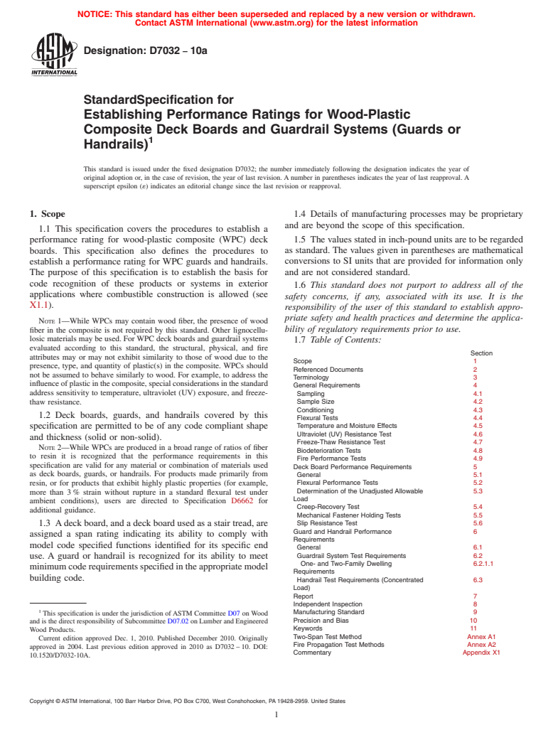 ASTM D7032-10a - Standard Specification for Establishing Performance Ratings for Wood-Plastic Composite Deck Boards and Guardrail Systems (Guards or Handrails)