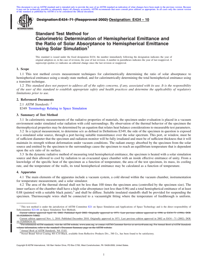 REDLINE ASTM E434-10 - Standard Test Method for Calorimetric Determination of Hemispherical Emittance and the Ratio of Solar Absorptance to Hemispherical Emittance Using Solar Simulation