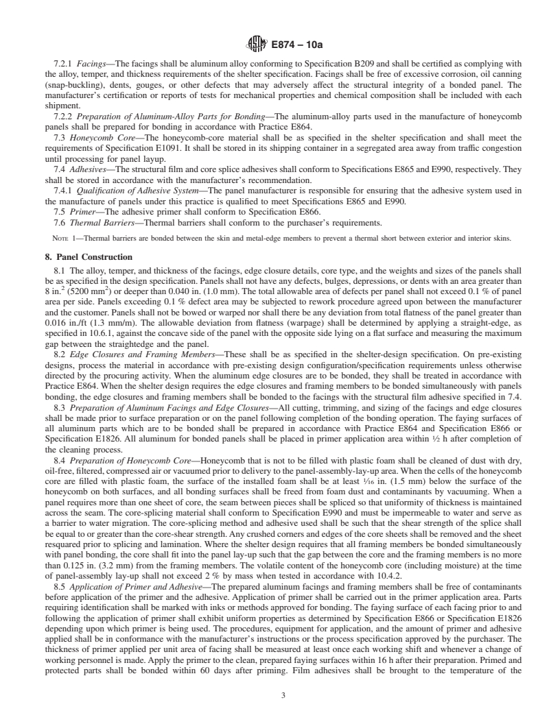 REDLINE ASTM E874-10a - Standard Practice for Adhesive Bonding of Aluminum Facings to Nonmetallic Honeycomb Core for Shelter Panels