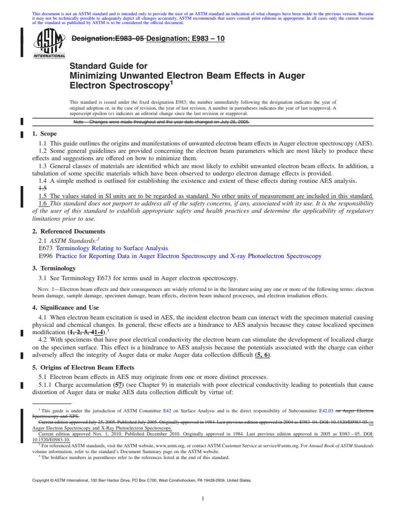 REDLINE ASTM E983-10 - Standard Guide for Minimizing Unwanted Electron Beam Effects in Auger Electron Spectroscopy