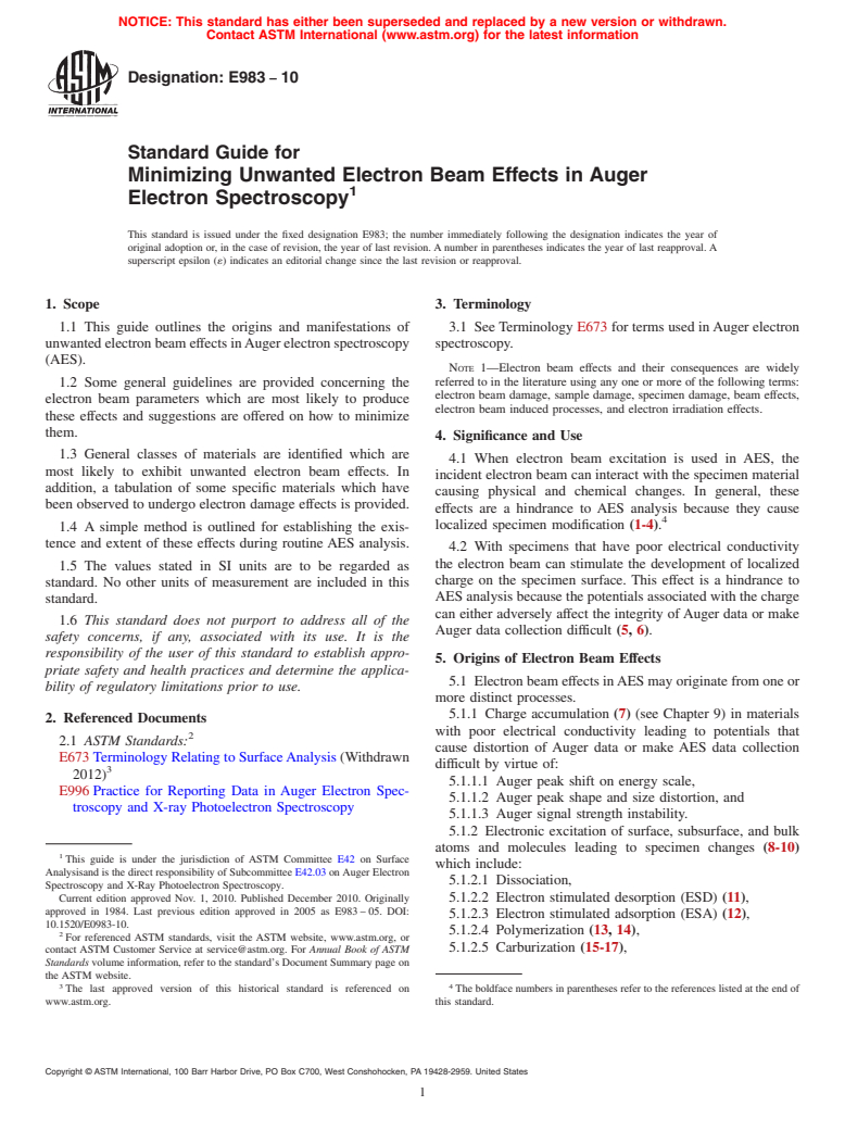 ASTM E983-10 - Standard Guide for Minimizing Unwanted Electron Beam Effects in Auger Electron Spectroscopy