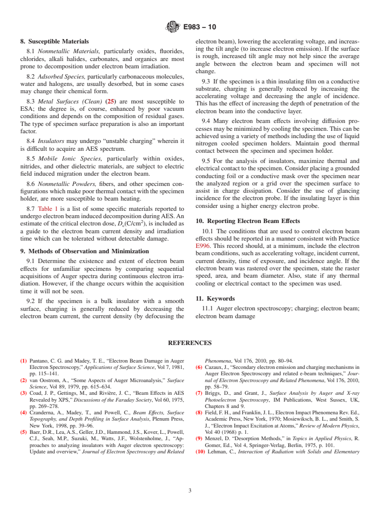 ASTM E983-10 - Standard Guide for Minimizing Unwanted Electron Beam Effects in Auger Electron Spectroscopy