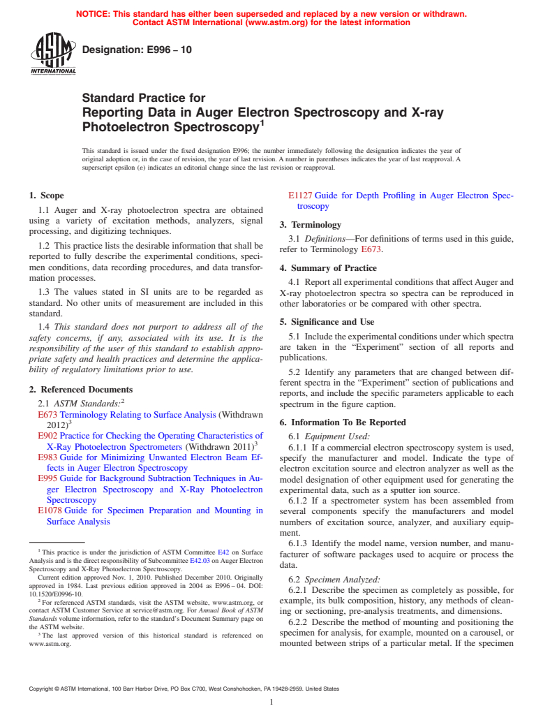 ASTM E996-10 - Standard Practice for Reporting Data in Auger Electron Spectroscopy and X-ray Photoelectron Spectroscopy