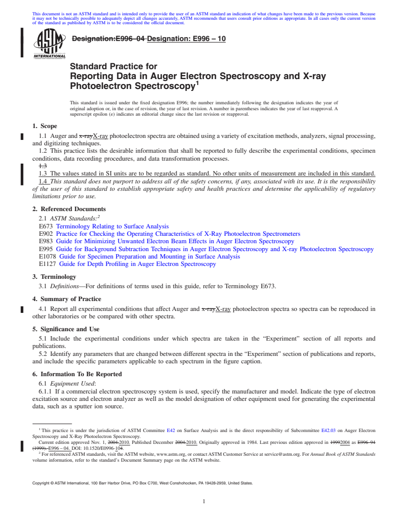 REDLINE ASTM E996-10 - Standard Practice for Reporting Data in Auger Electron Spectroscopy and X-ray Photoelectron Spectroscopy