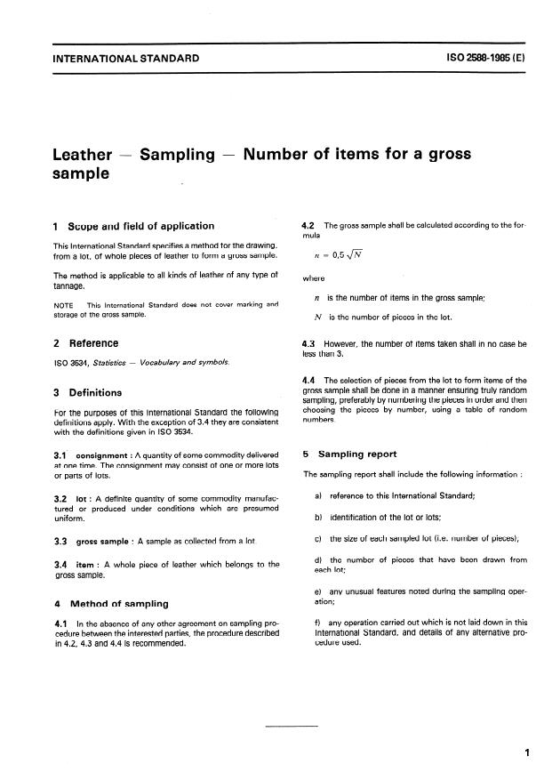 ISO 2588:1985 - Leather -- Sampling -- Number of items for a gross sample